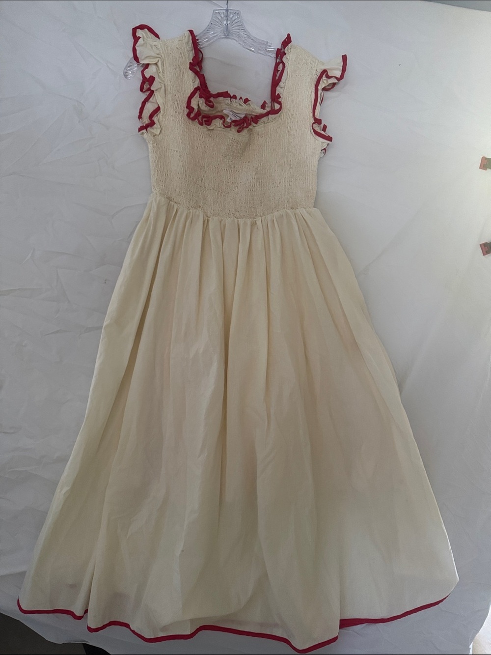 Anniewear Cream Smocked Cap Sleeve 100% Cotton Dress Dress with Red Trim